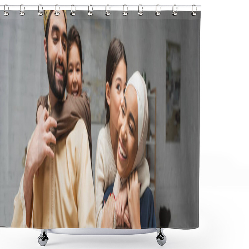 Personality  Positive Middle Eastern Family With Kids Hugging At Home, Banner  Shower Curtains