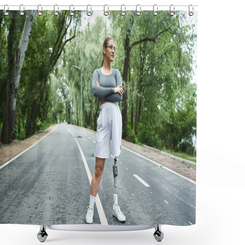 Personality  A Young Woman In Sportswear Embraces The Outdoors As She Works Out Confidently With Her Prosthetic Leg. Shower Curtains