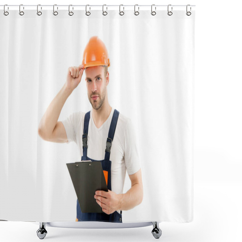 Personality  General Plan. Repair Service. Repair And Renovation Concept. Repair Workshop. Handyman Home Repair. Repairing And Renovating. Home Improvement. Man In Helmet Laborer On White Background Shower Curtains