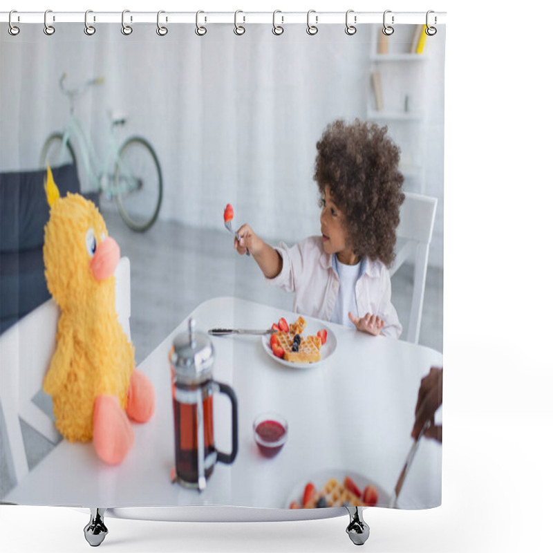 Personality  African American Girl Proposing Strawberry To Soft Toy While Having Breakfast In Kitchen Shower Curtains