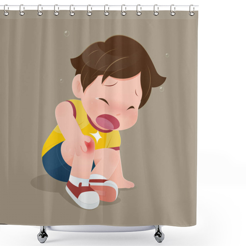 Personality  The Boy In Yellow Shirt Suffering From Pain In Knee. Shower Curtains