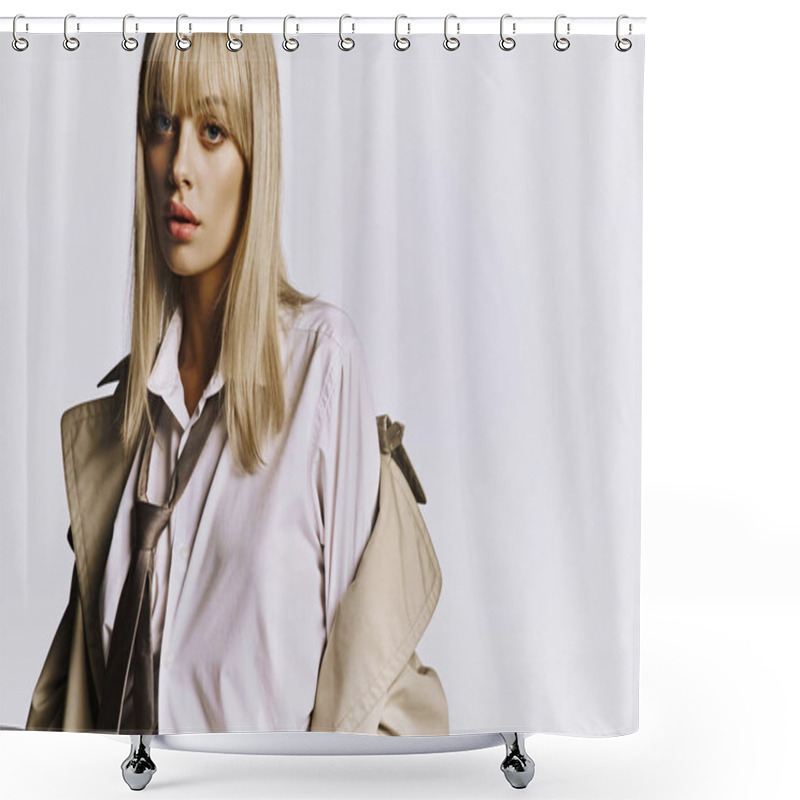 Personality  Gorgeous Woman Flaunting Trench Coat On White Backdrop. Shower Curtains