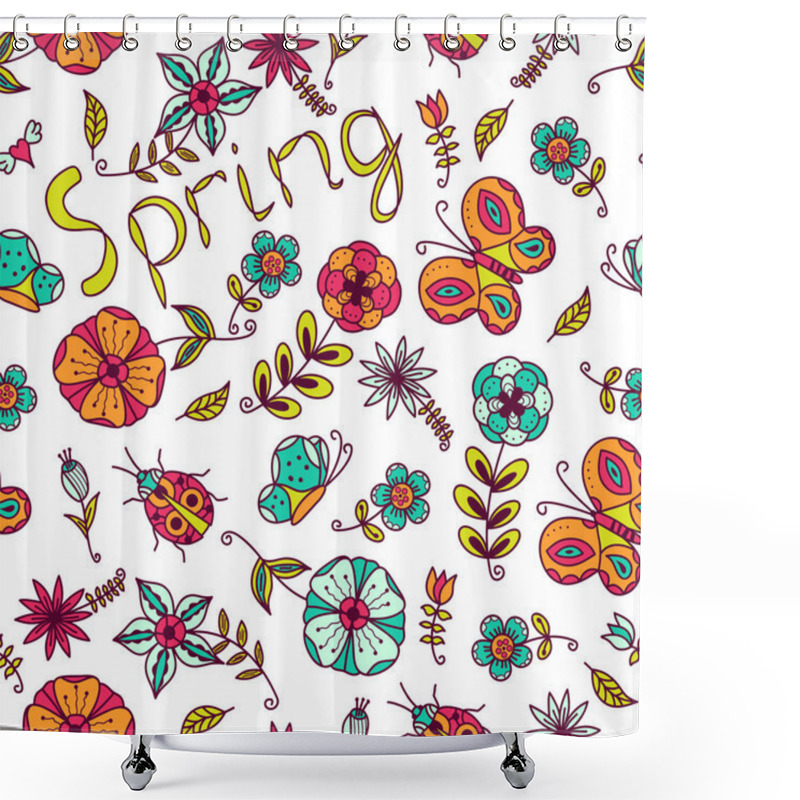 Personality  Seamless Texture With Flowers, Beetles And Butterflies Shower Curtains