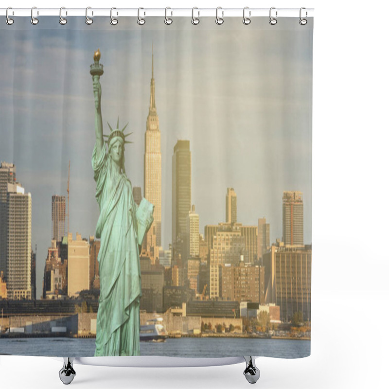 Personality  New York City Skyline Sunshine Ray. Famous New York City Cityscape And Skyline Landmark Over The Hudson River. With New York Statue Of Liberty. Shower Curtains