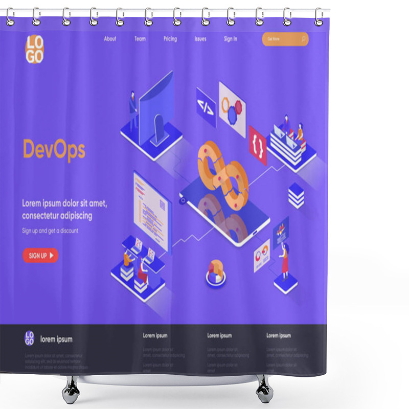 Personality  DevOps Isometric Landing Page. Development Operations, Administration And Monitoring Isometry Concept. Programming And Engineering Service Flat Web Page. Vector Illustration With People Characters. Shower Curtains