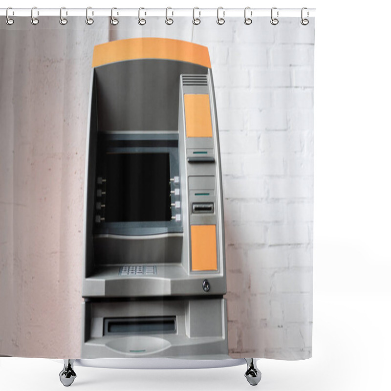 Personality  Automated Teller Machine With Blank Screen Near White Brick Wall  Shower Curtains