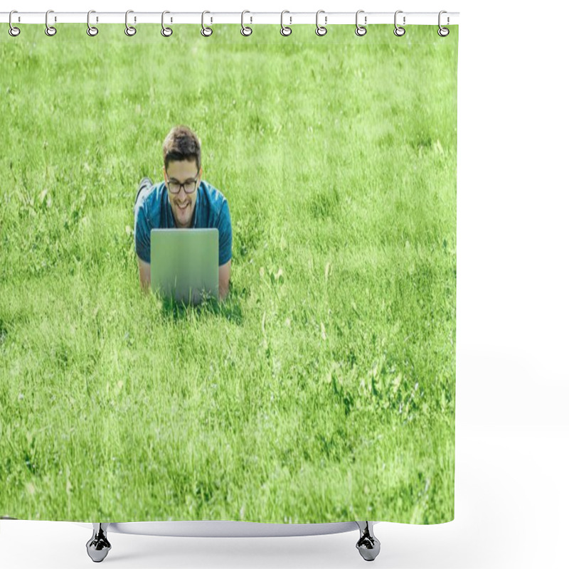 Personality  Young Man Lying On Grass And Using Laptop Shower Curtains