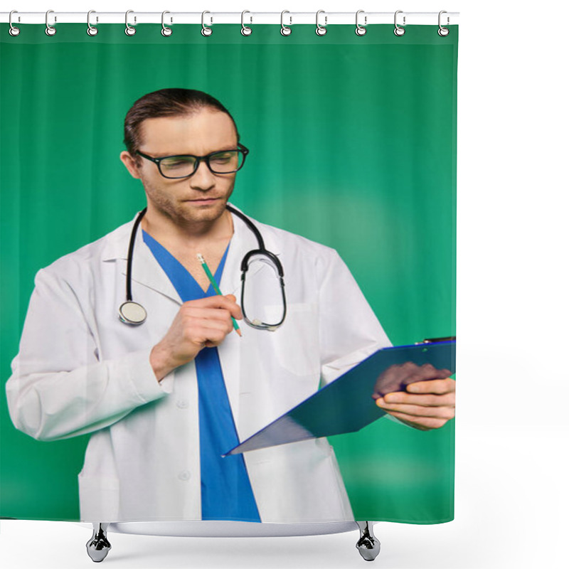 Personality  Handsome Doctor In White Coat Holding Clipboard On Green Background. Shower Curtains