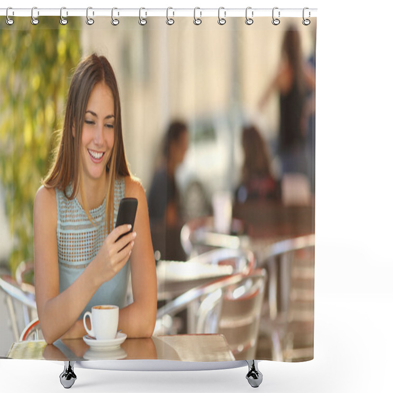 Personality  Girl Texting On The Phone In A Restaurant Shower Curtains