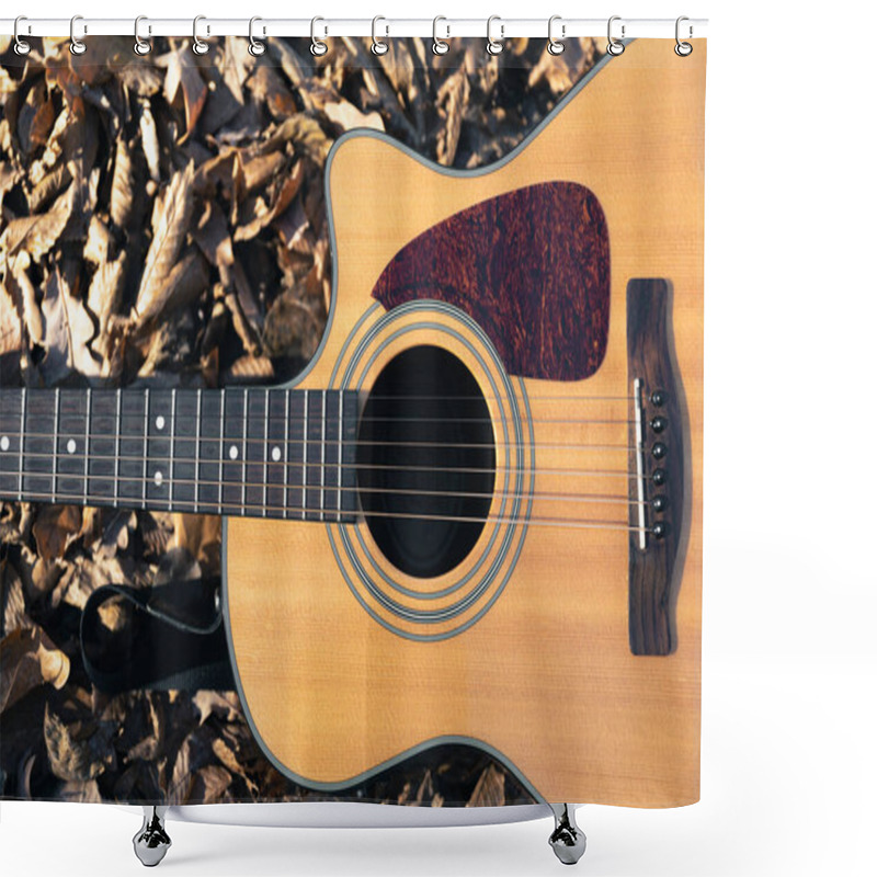 Personality  Acoustic Guitar In The Forest Among Dry Autumn Leaves, Top View. Shower Curtains