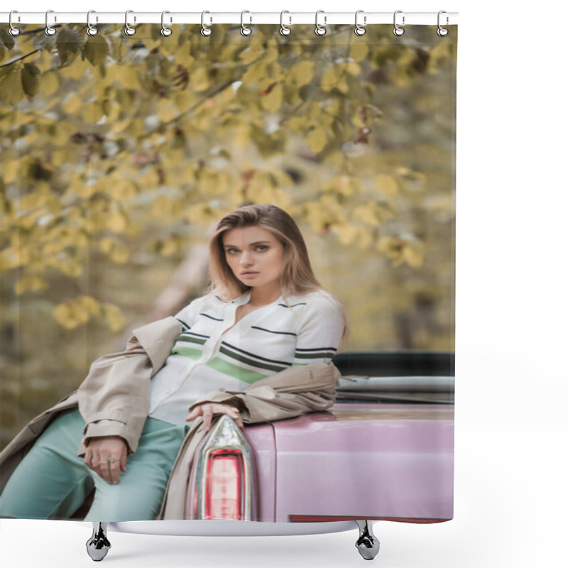 Personality  Young Stylish Woman Looking At Camera While Leaning On Cabriolet In Forest Shower Curtains