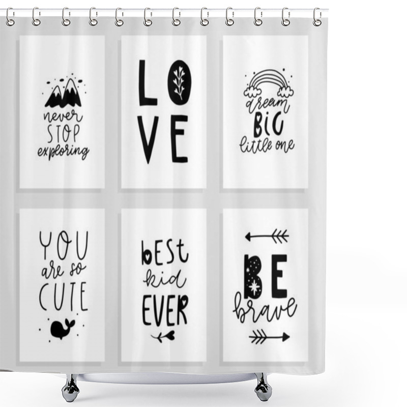 Personality  Cute Hand Drawn Nursery Printable Posters With Simple Cartoon Illustration And Lettering In Scandinavian Style. Monochrome Vector Illustration Shower Curtains