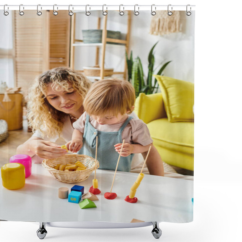 Personality  A Curly-haired Mother And Her Toddler Daughter Play With Toys, Embracing The Montessori Method Of Education At Home. Shower Curtains