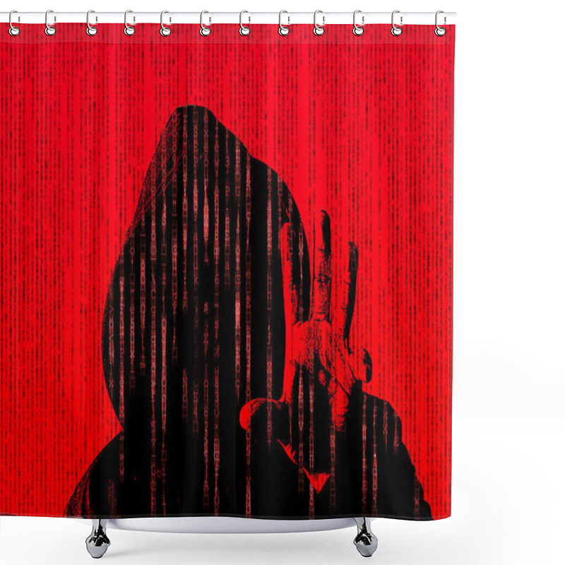 Personality  Hacker Concept On Red Background With His Hand Grabbing Something Shower Curtains