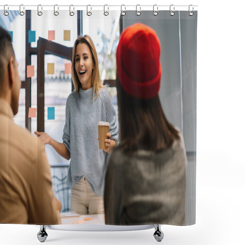 Personality  Group Of Happy Business People Discussing Startup Project, Brainstorming, Collaborate, Working Together Using Scrum For Successful Business. Positive Colleagues Planning Strategy, Talking. Teamwork. Emotional Scrum Master At Work.  Shower Curtains