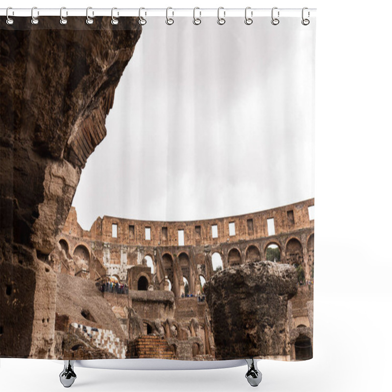 Personality  ROME, ITALY - JUNE 28, 2019: Ruins Of Colosseum And Tourists Under Grey Sky Shower Curtains