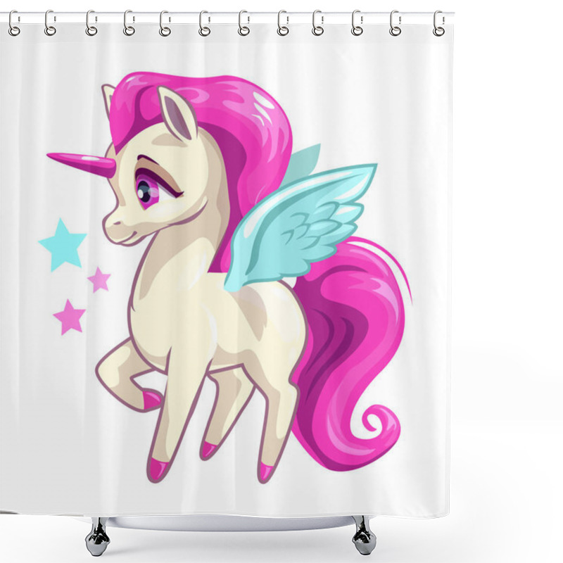 Personality  Cute Vector Girlish Illustration With Funny Baby Unicorn On White Background. Shower Curtains