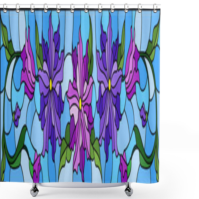 Personality  Illustration In Stained Glass Style With Flowers, Leaves And Buds Of Purple Flowers On A Blue Background, Symmetrical Image, Horizontal Orientation Shower Curtains