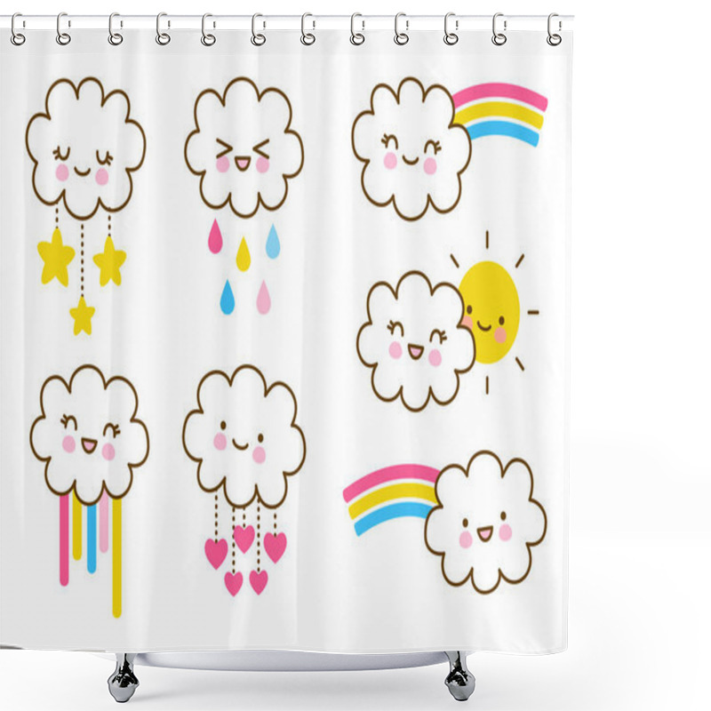 Personality  Cute Little Clouds With Raindrops, Rainbows, Stars, Hearts And Sun - Set Of Kawaii Elements For Kids Design Shower Curtains