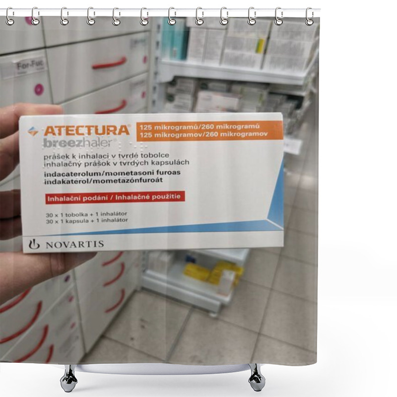 Personality  Prague,Czech Republic-August 7 2024: ATECTURA Box Of Medication With INDACATEROL And MOMETASONE Active Substances By NOVARTIS,used For Treatment Of Asthma,COPD Shower Curtains