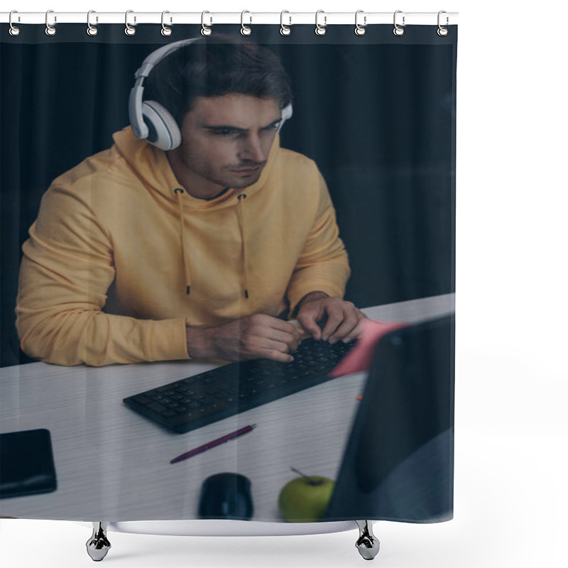 Personality  Young Programmer In Headphones Working At Night In Office Shower Curtains