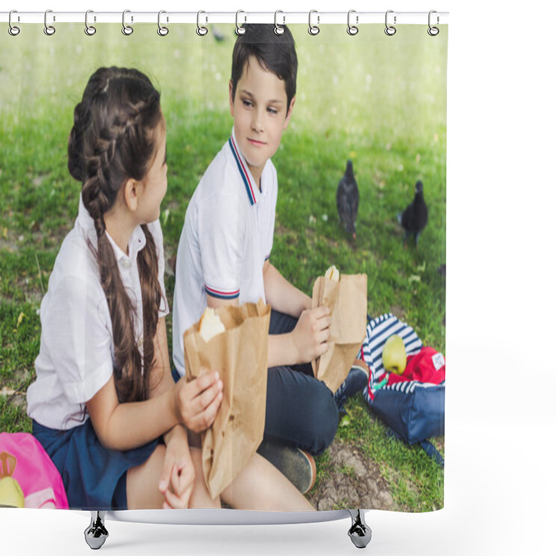 Personality  Happy Schoolchildren Sitting On Green Grass And Taking Lunch Shower Curtains