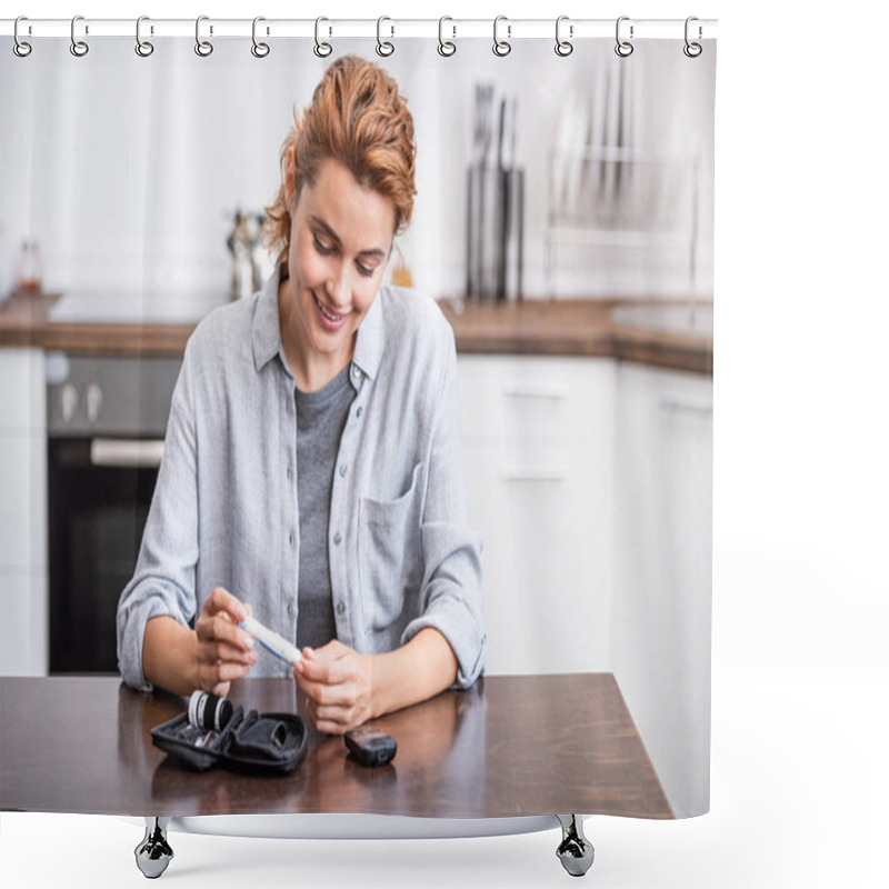 Personality  Attractive And Cheerful Woman Looking At Blood Lancet  Shower Curtains