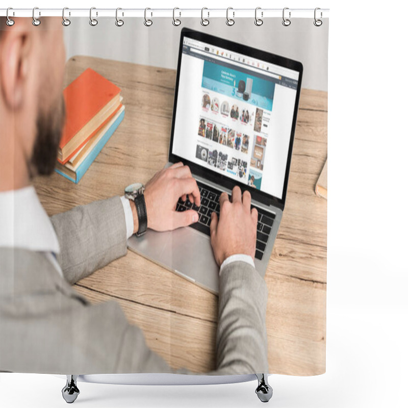 Personality  KYIV, UKRAINE - NOVEMBER 25, 2019: Cropped View Of Businessman Using Laptop With Amazon Website On Screen Isolated On Grey Shower Curtains