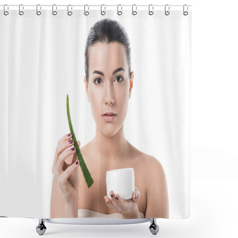 Personality  Beautiful Girl Holding Aloe Vera Leaf And Cream Isolated On White Shower Curtains