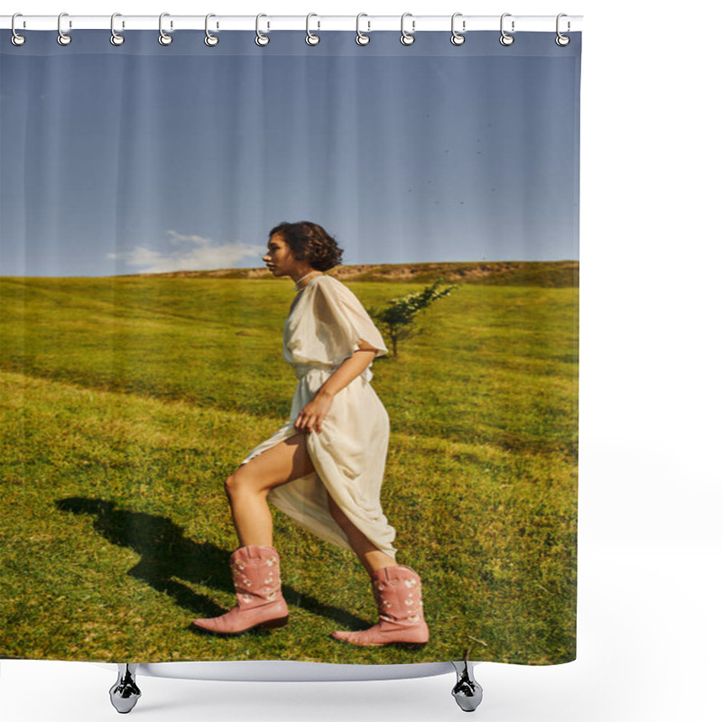 Personality  Side View Of Young Asian Woman In Bridal Dress And Cowboy Boots Walking On Meadow In Countryside Shower Curtains