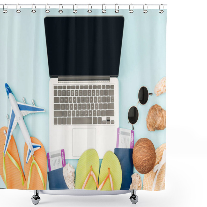 Personality  Top View Of Laptop With Blank Screen, Flip Flops, Passports With Air Tickets, Sunglasses, Seashells, Straw Hat And Plane Toy On Blue Background Shower Curtains