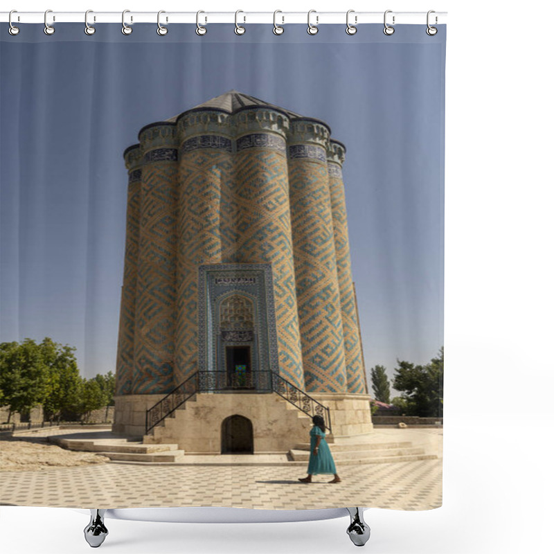 Personality  A Woman Walks Near The Historic Garabaghlar Mausoleum In Nakhchivan, Azerbaijan. The Bright Sunny Day Highlights The Intricate Architecture And Serene Surroundings Of This Ancient Landmark. Shower Curtains