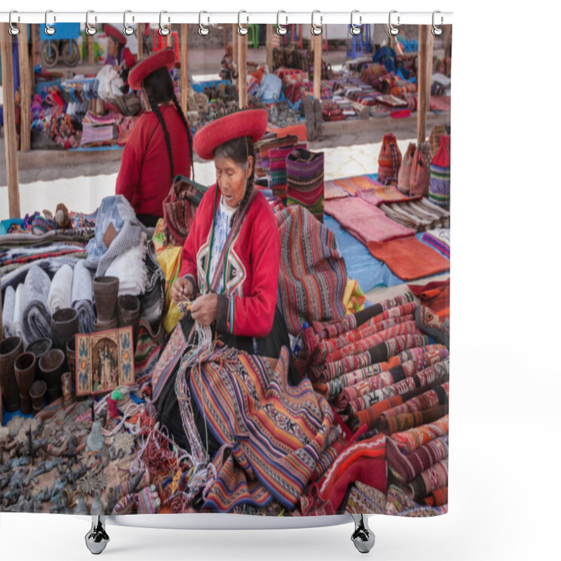 Personality  Cuzco, Peru: Quechua Women In Traditional Indigenous Clothing At Market Selling Colorful Textile Making Local Craft Souvenirs Shower Curtains