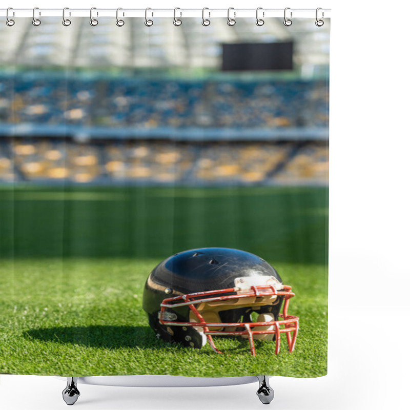 Personality  Close-up Shot Of American Football Helmet Lying On Grass Of Stadium Shower Curtains