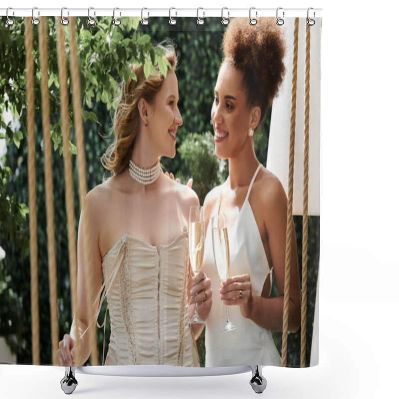 Personality  Two Brides Smile At Each Other While Holding Champagne Flutes On Their Wedding Day. Shower Curtains