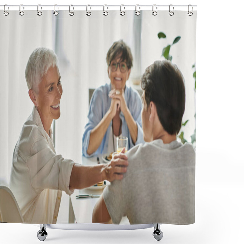 Personality  A Loving LGBTQ Family Enjoys Breakfast Together, Sharing Smiles And Warmth In A Cozy Home Setting. Shower Curtains