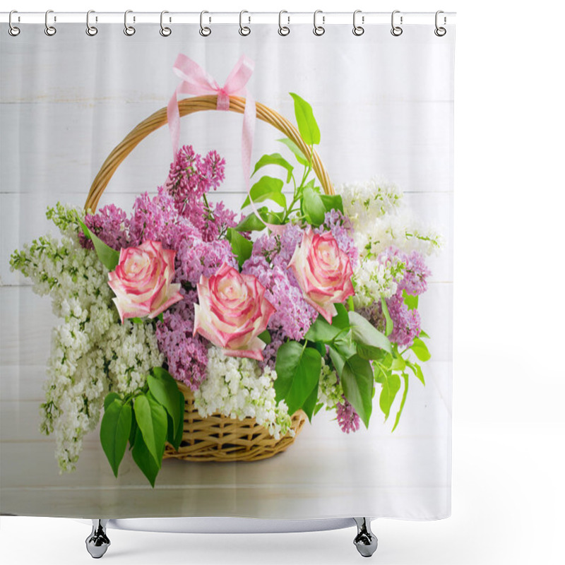 Personality  Lilac Bouquet With Roses In Basket On Background Of Shabby Woode Shower Curtains