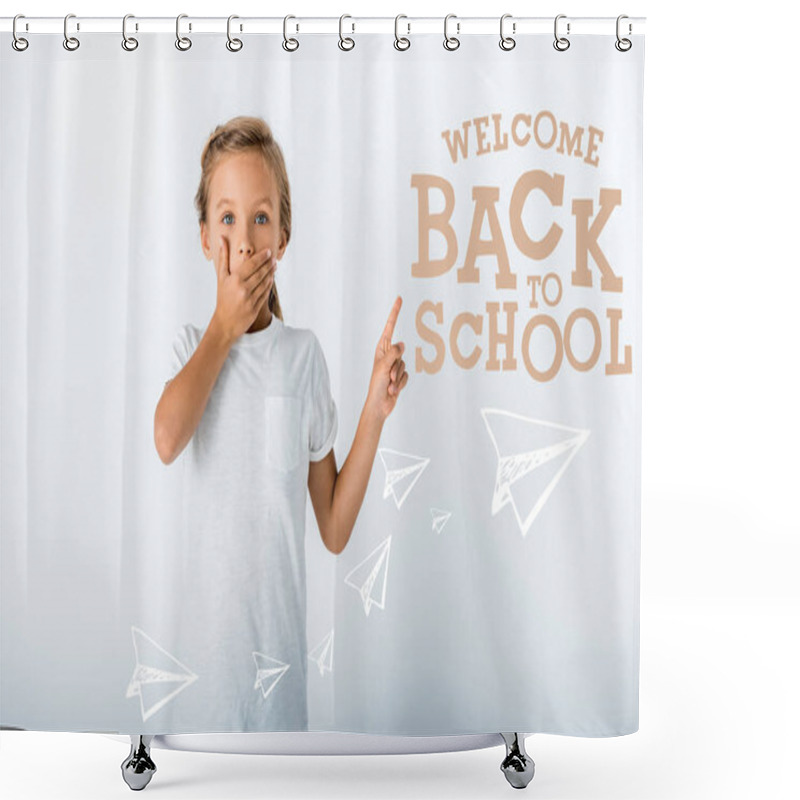 Personality  Shocked Kid Covering Face While Looking At Camera And Pointing With Finger At Welcome Back To School Letters On White  Shower Curtains