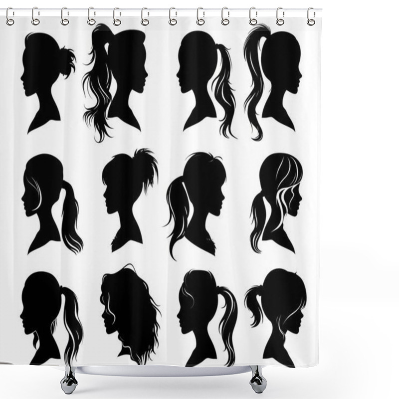 Personality  A Collection Of Twelve Female Silhouettes With Various Ponytail Hairstyles. Shower Curtains