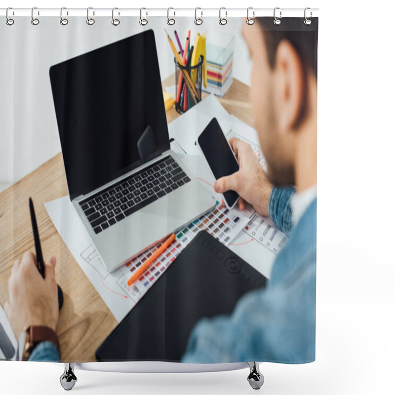 Personality  Selective Focus Of Ux Designer Using Smartphone Near Laptop, Graphics Tablet And Layouts With Sketches On Table On Grey Background Shower Curtains