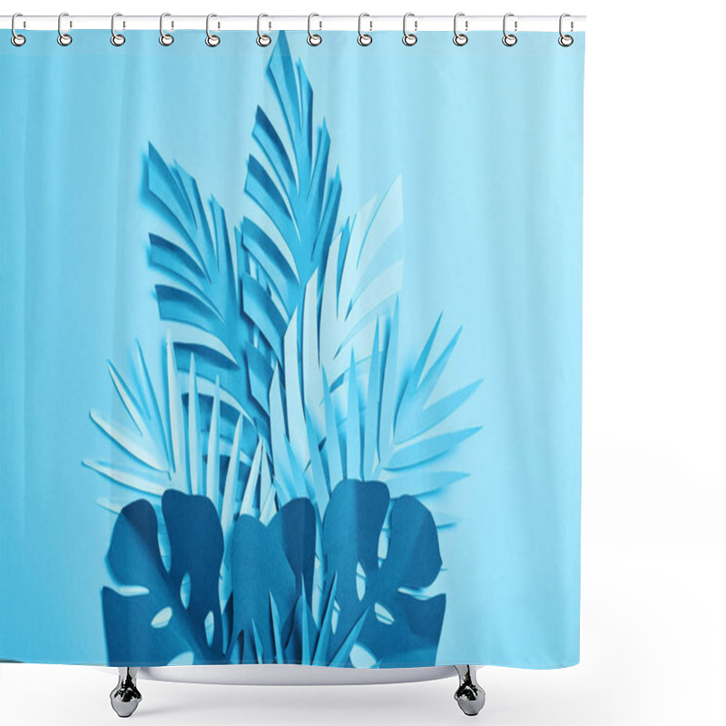 Personality  Top View Of Blue Exotic Paper Cut Palm Leaves On Blue Background With Copy Space Shower Curtains