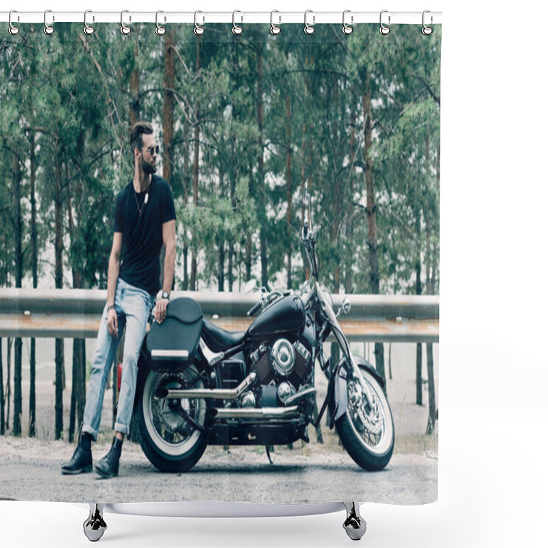 Personality  Handsome Motorcyclist In Sunglasses Standing Near Black Motorcycle On Road Near Green Forest Shower Curtains