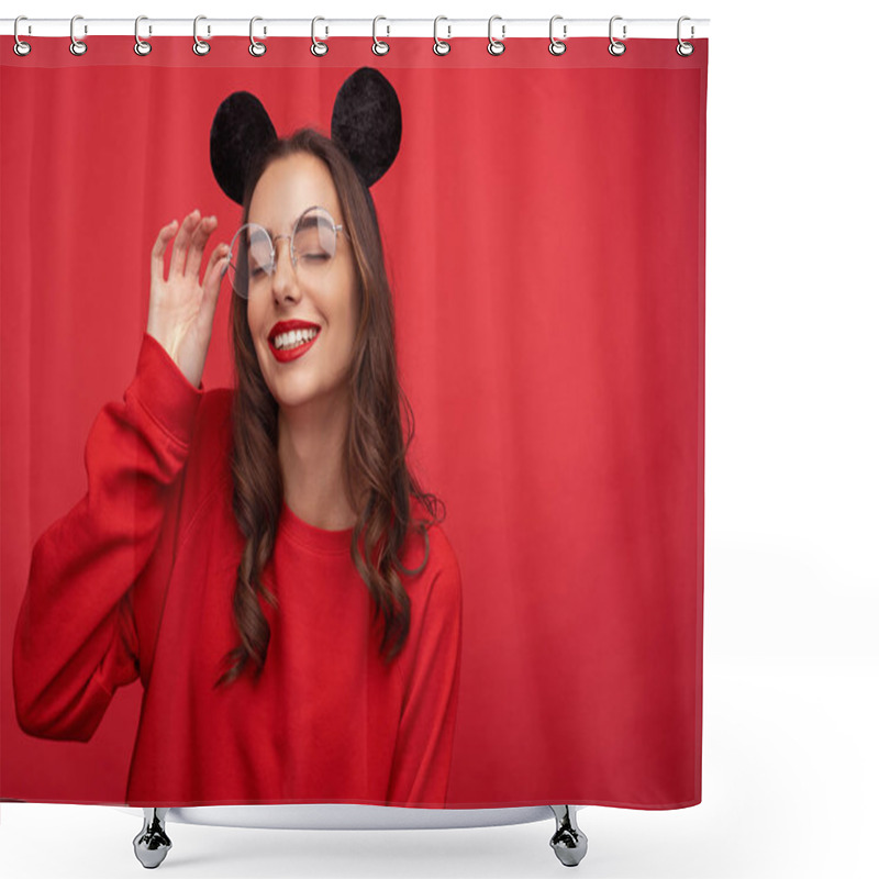 Personality  Dreaming Girl In Mouse Ears And Glasses  Shower Curtains