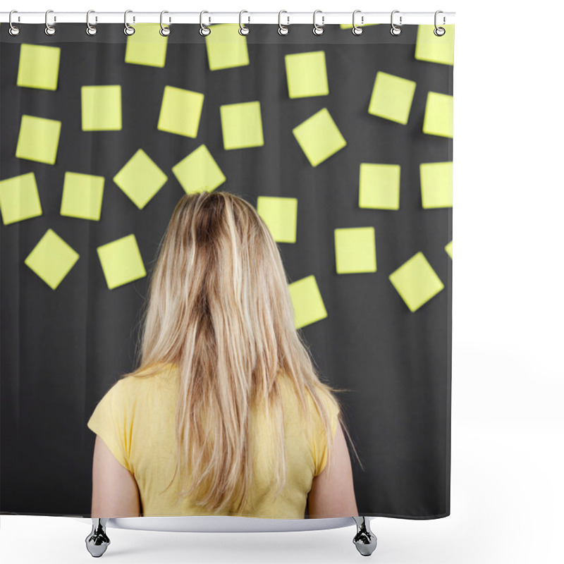 Personality  Female In Front Of Blackboard With Sticky Notes Shower Curtains