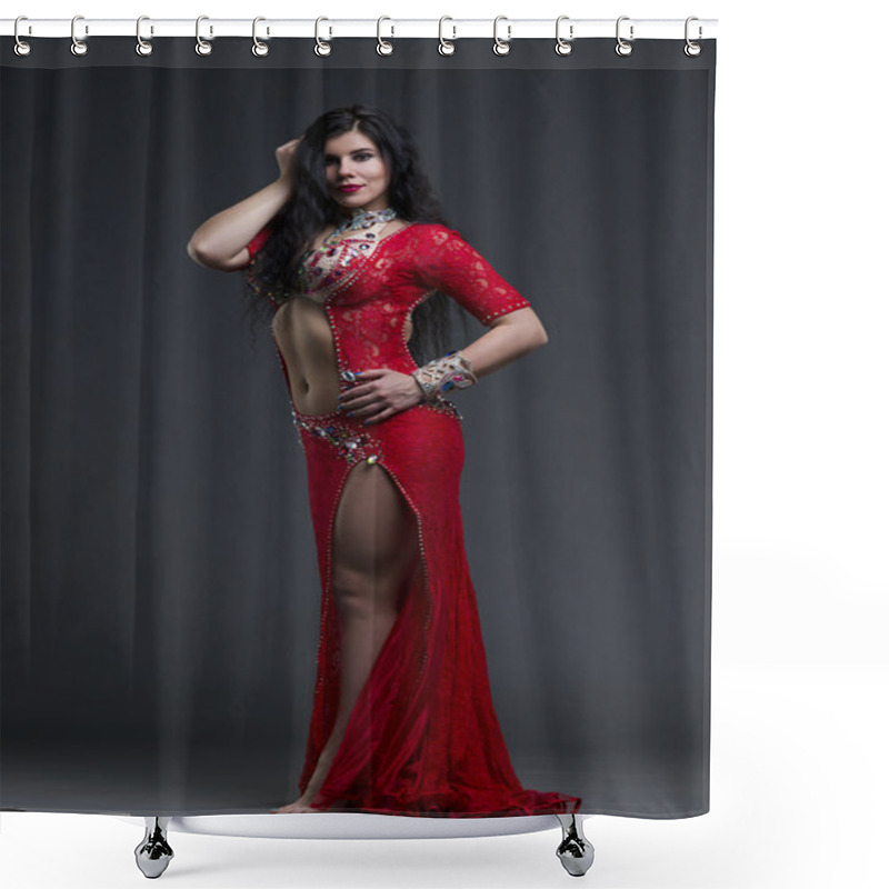 Personality  Young Beautiful Exotic Eastern Women Performs Belly Dance In Ethnic Red Dress On Gray Background Shower Curtains