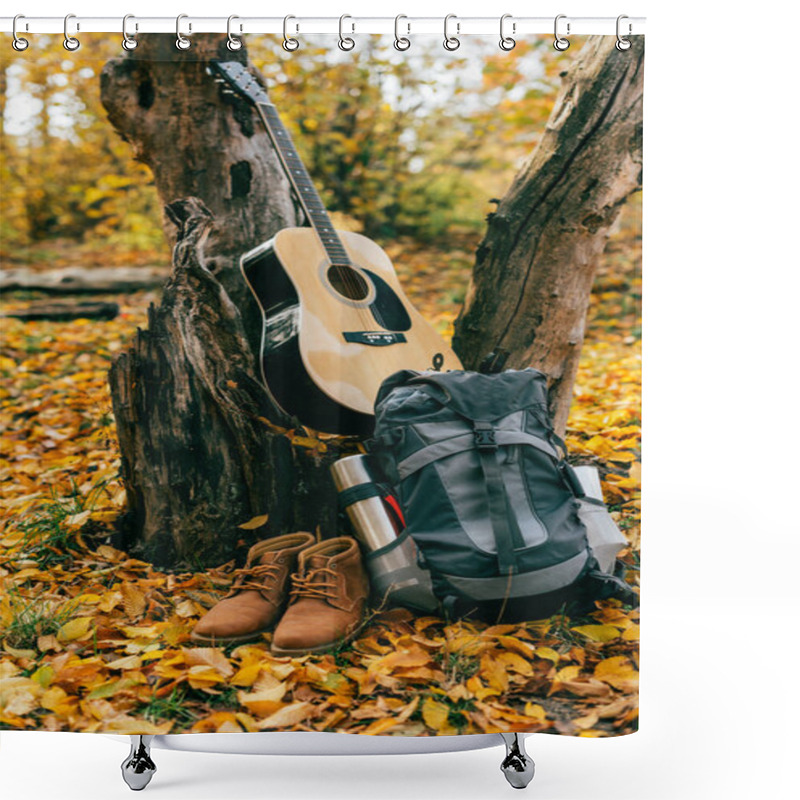 Personality  Camping Supplies On Autumnal Background With Foliage Shower Curtains