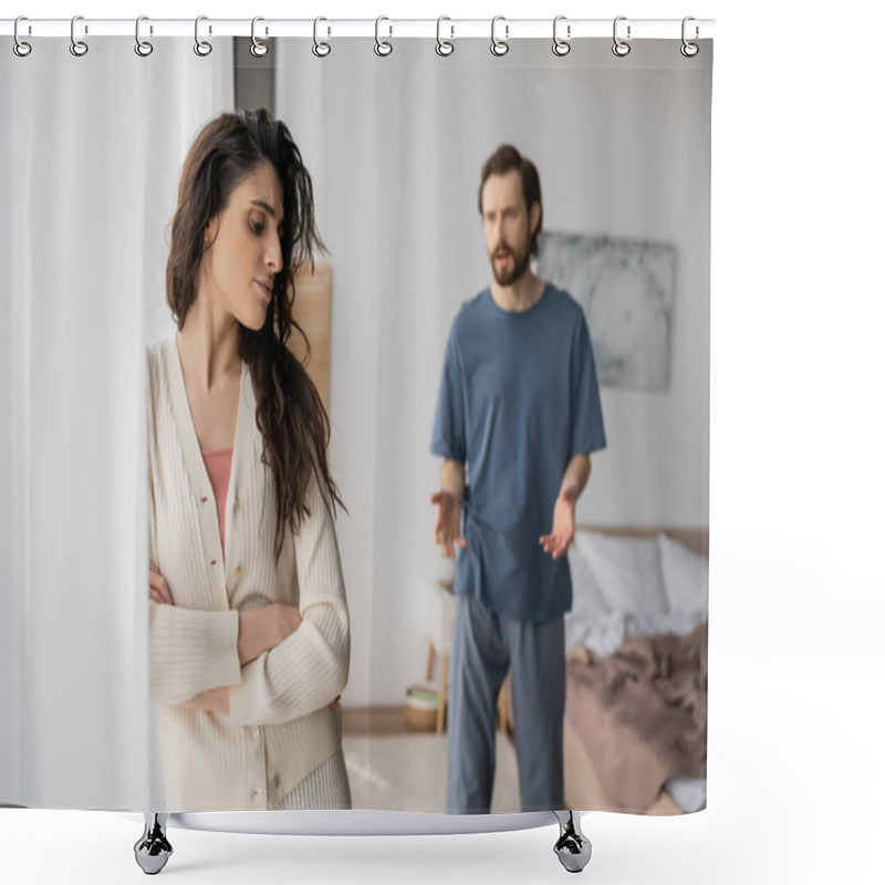 Personality  Upset Woman Crossing Arms While Blurred Boyfriend Quarrelling At Home  Shower Curtains