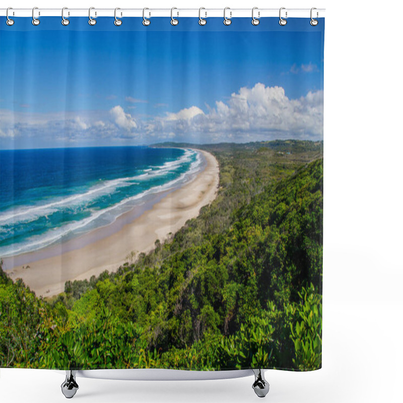 Personality  Lonely Sandy Beach In Bright Weather. Shower Curtains