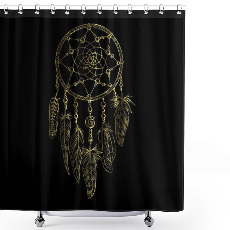 Personality  Golden Luxary Ornate Dreamcatcher With Feathers, Gemstones. Astrology, Spirituality, Magic Symbol. Ethnic Tribal Element. Shower Curtains