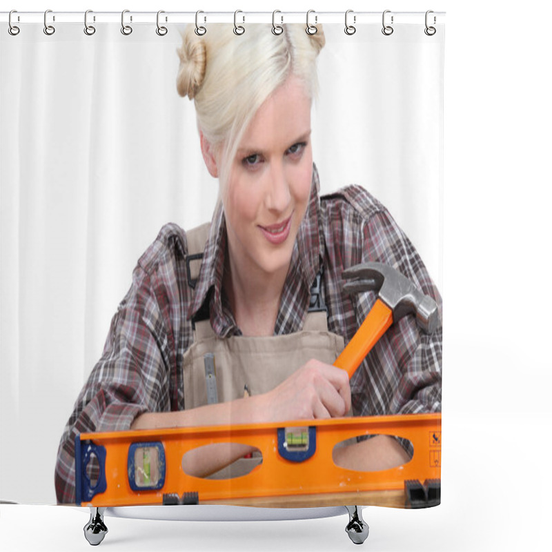 Personality  Handywoman Wearing A Checked Shirt And Holding A Hammer Behind A Level Shower Curtains